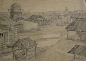 Square in ​​the Schtetl. Sketch for the movie "Surgery". 1937. P., graphite pencil, ink, pen. 22,5x32.
