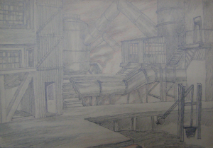 Shop. Sketch for the movie "Father and Son". 1941. P., graphite pencil., crayon. 20x29.