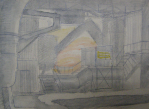 Shop. Sketch for the movie "Father and Son". 1941. P., graphite pencil, crayon, watercolor. 18x24.2.