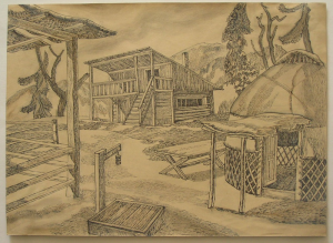 Sketch for the movie "Golden Horn". 1948. P., ink, pen. 30x41.