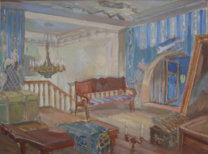 Mezzanine. Sketch for the movie "Botagoz". 1957. Cardboard, oil. 30x41.