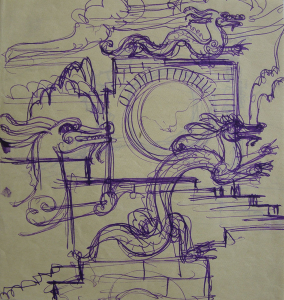 Chinese Dragons. Sketch for the movie "Jump into the Unknown." 1973. P., ink. 25x24.