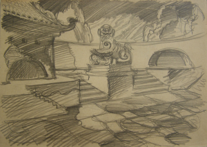 Chinese Lion. Sketch for the movie "Jump into the Unknown." 1973. P., pencil. 21x30.