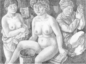 Женщина с корзиной (маленький базар). 1980. Б., тушь, перо. 43х59.