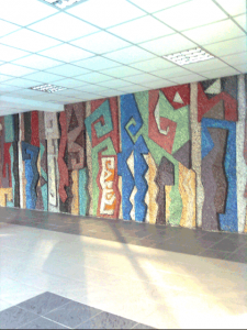 Detail of the panel in the lobby of the administrative building of the Kazakhfilm studio. View. 1979. Smalt.